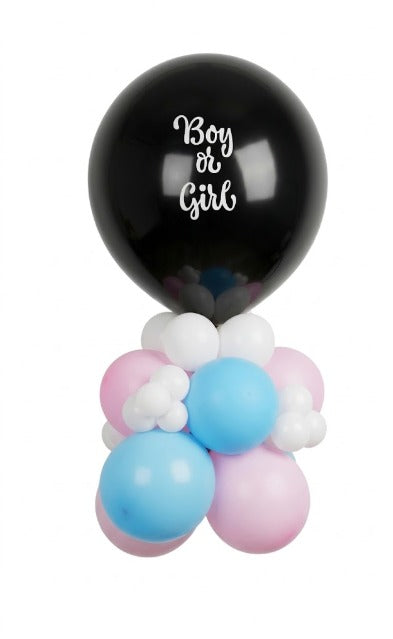 Black balloon printed Boy or Girl on a base of blue, pink and white balloons