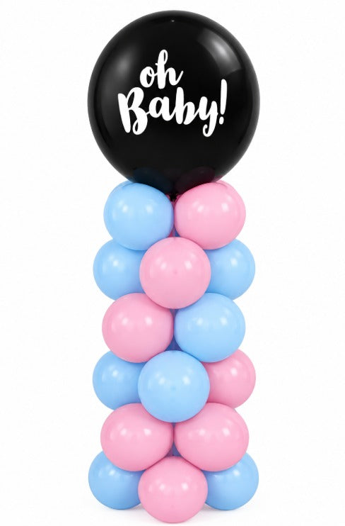 Black balloon printed Oh Baby on a column of blue and pink balloons