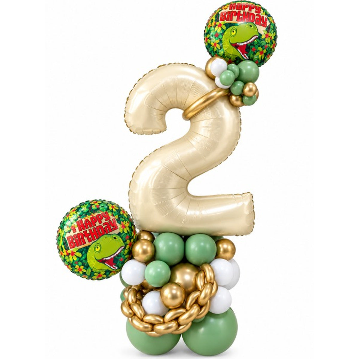 Cream number 2 foil balloon with two dinosaur Happy Birthday foil balloons