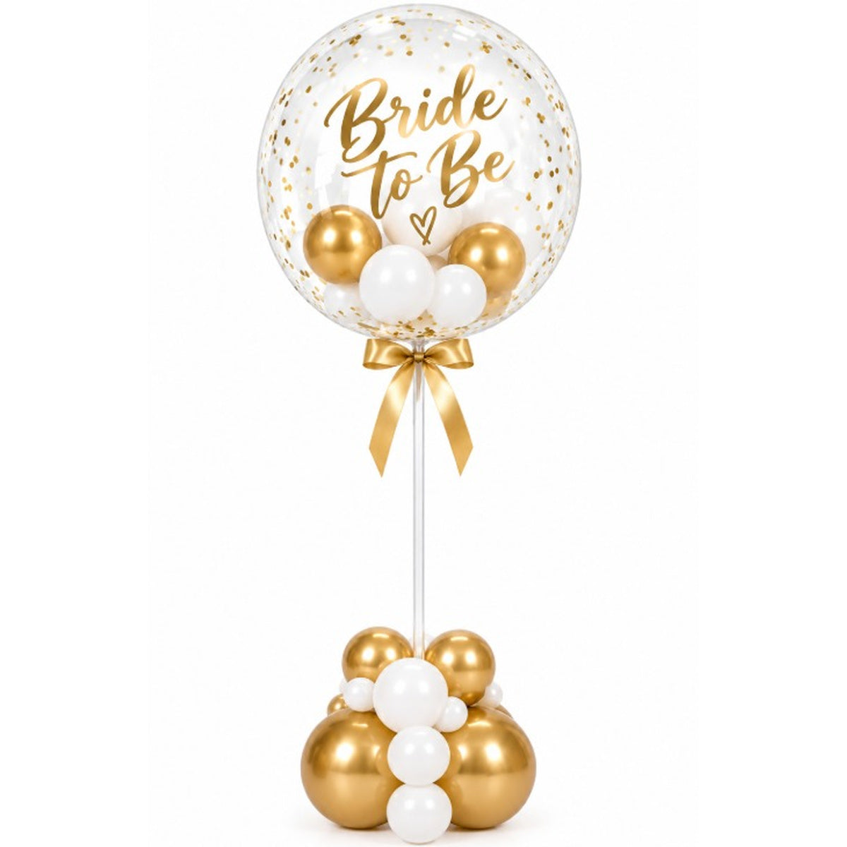 Clear bubble balloon printed Bride to Be in gold on a gold and white base