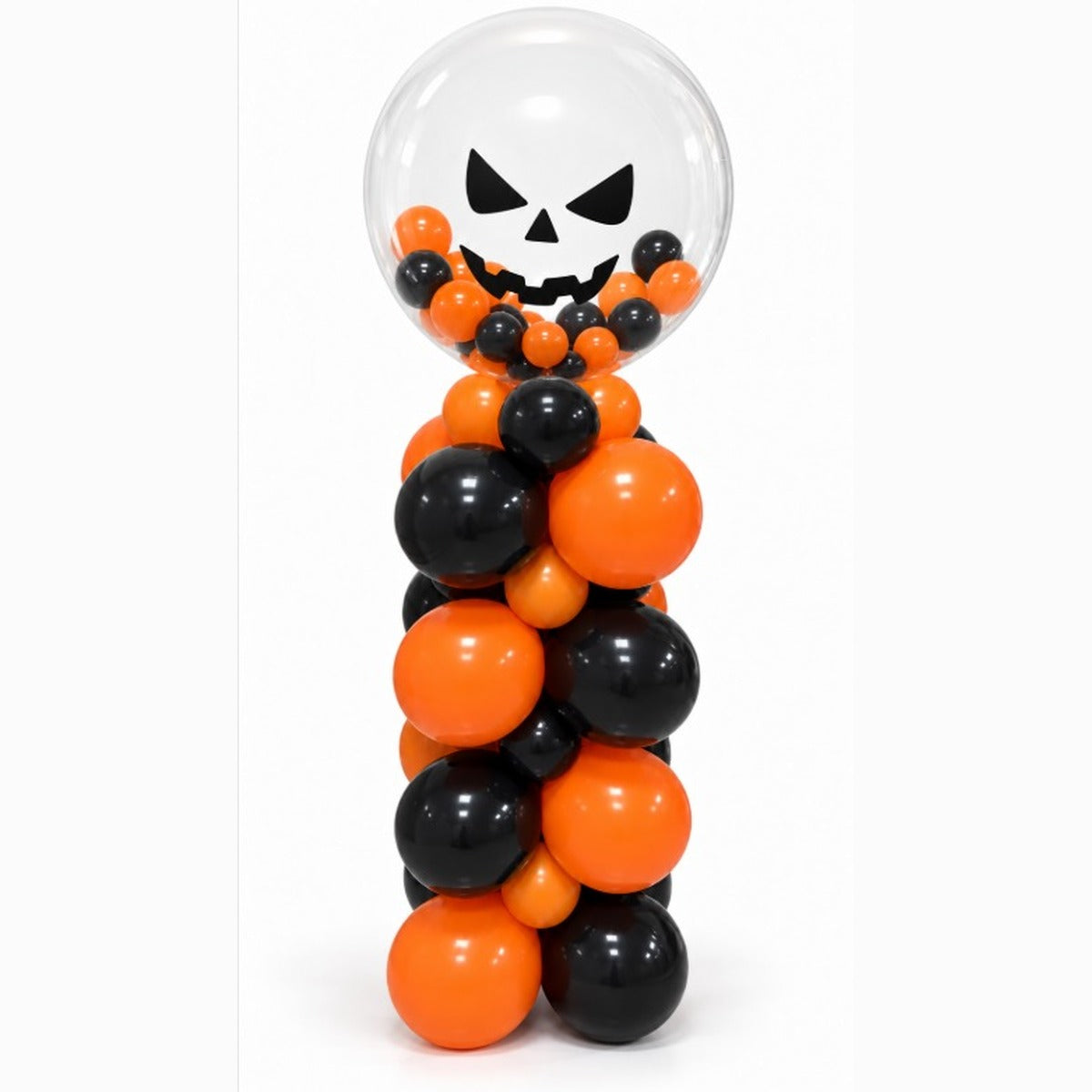 Jack-o'-lantern Halloween bubble and latex balloon pillar in orange and black