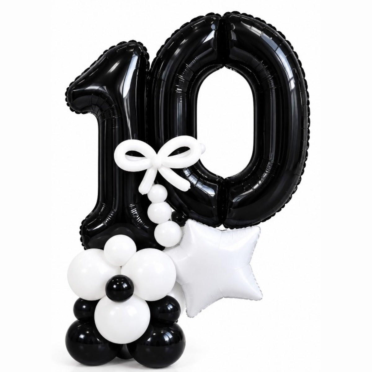 Black and white number 10 foil and latex balloon column with a balloon bow