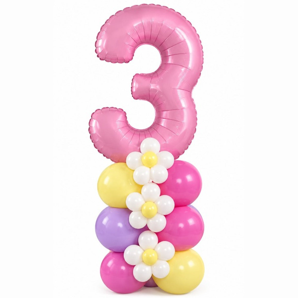 Pink number 3 foil balloon on a pastel daisy latex balloon column