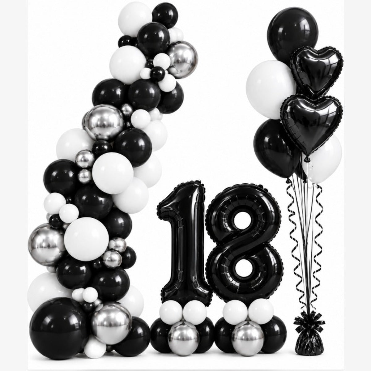 Black and silver 18th birthday balloon setup with a latex garland, number foil balloons and heart balloon bouquet