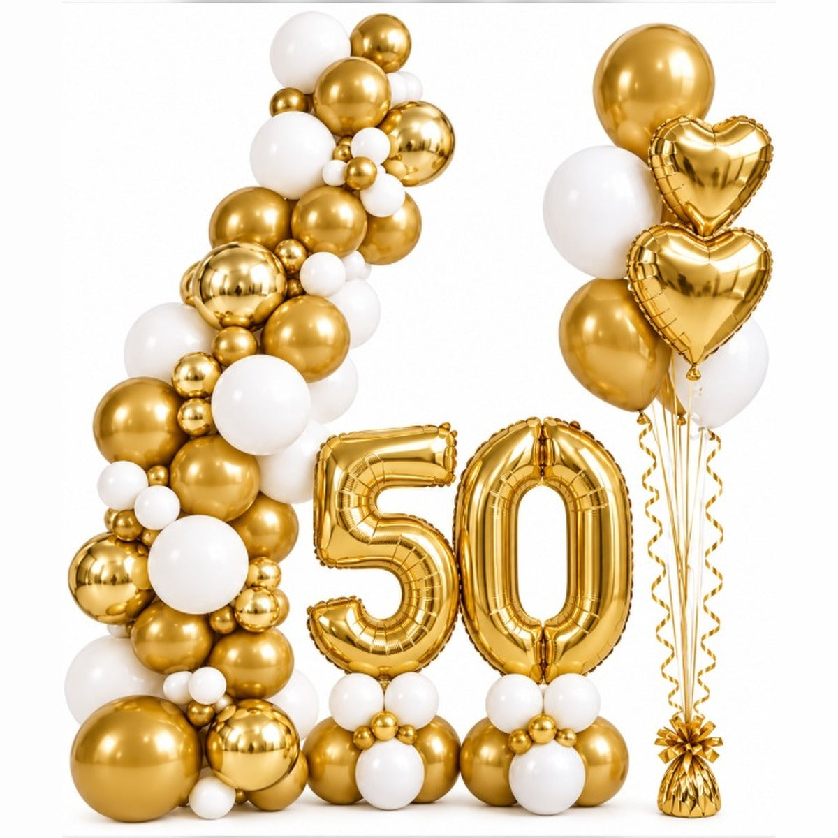 Gold and white 50th birthday balloon setup with a latex garland, number foil balloons and heart balloon bouquet
