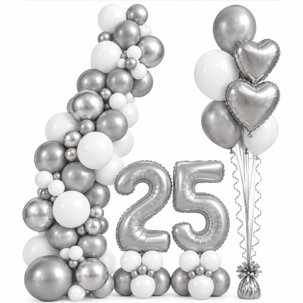 Silver and white 25th birthday balloon setup with a latex garland, number foil balloons and heart balloon bouquet