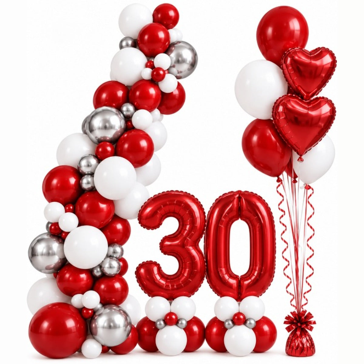 Red and white 30th birthday balloon setup with a latex garland, number foil balloons and heart balloon bouquet