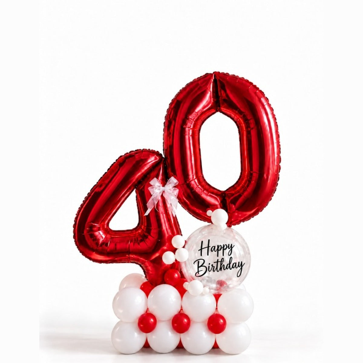 Red number 40 foil balloons with a Happy Birthday bubble balloon on a latex base