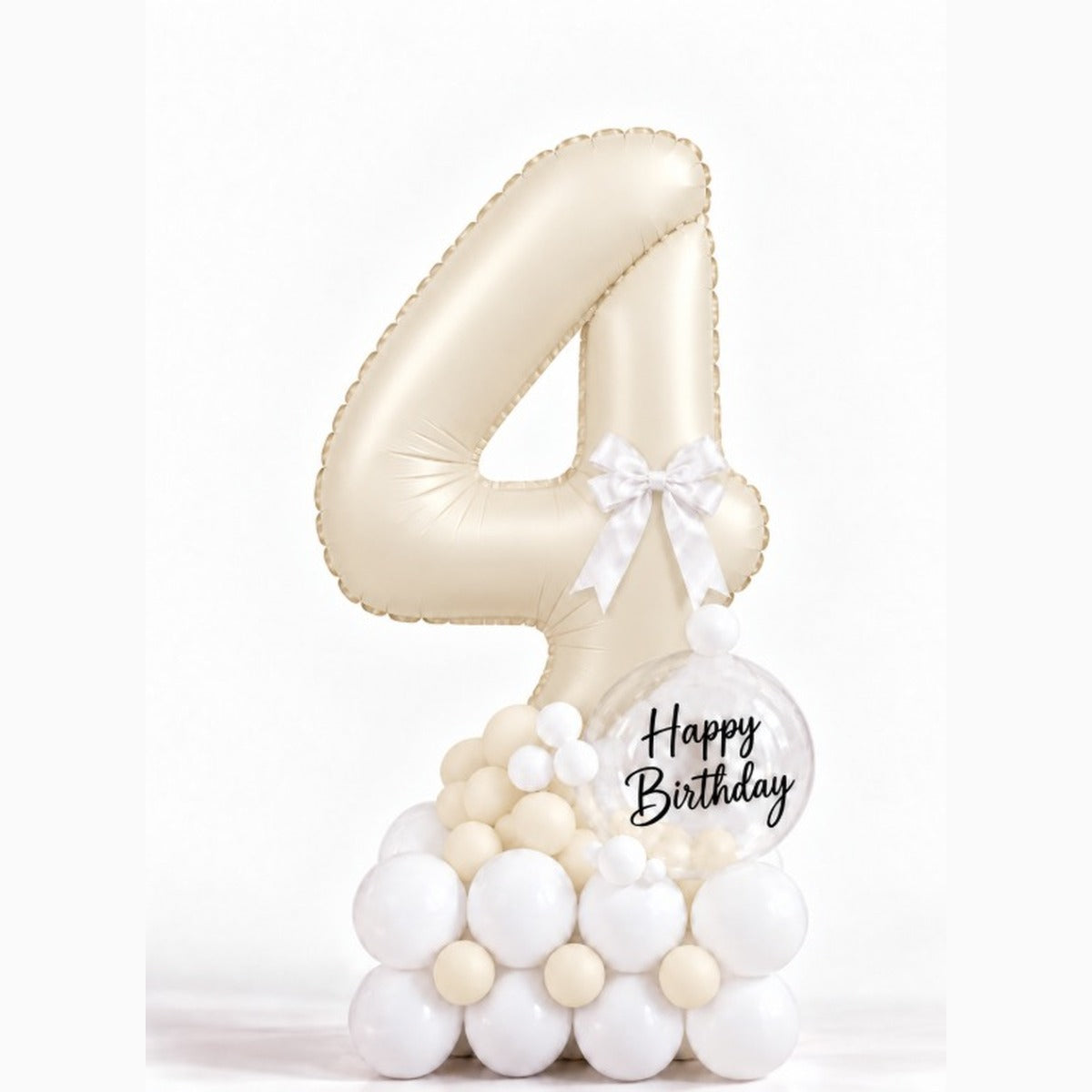 Cream number 4 foil balloon with a Happy Birthday bubble balloon on a latex base