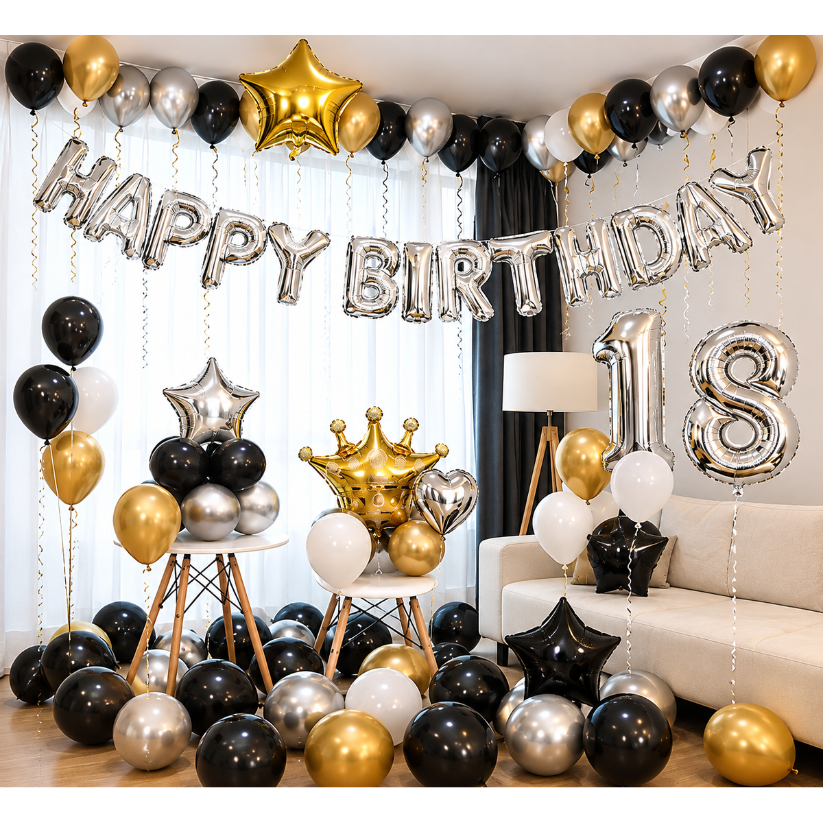 Silver happy birthday letter banner with gold crown foil, number balloon column, and gold black silver chrome latex balloons