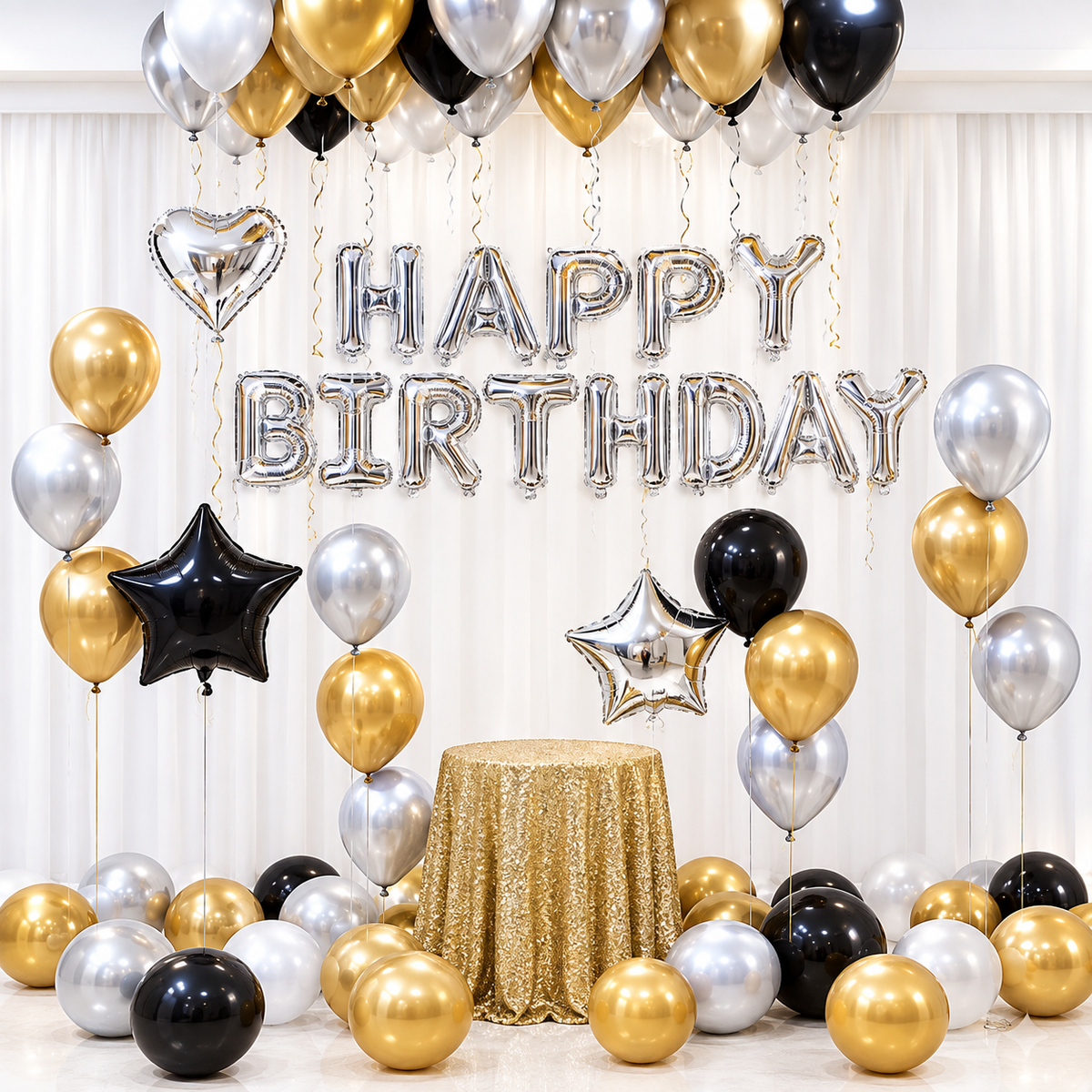 Silver happy birthday letter banner with black and silver star foils, silver heart foil, and gold silver black chrome latex balloons