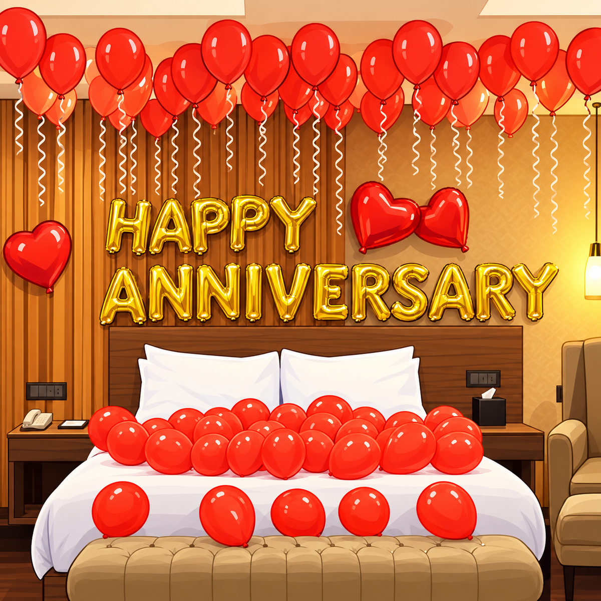 Gold happy anniversary letter banner with red heart foil balloons and red latex balloons