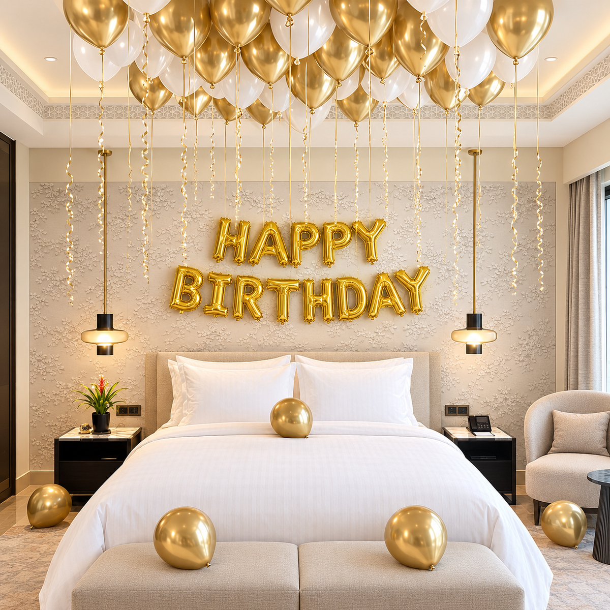Gold happy birthday balloon banner with gold and white ceiling balloons and chrome gold latex balloons
