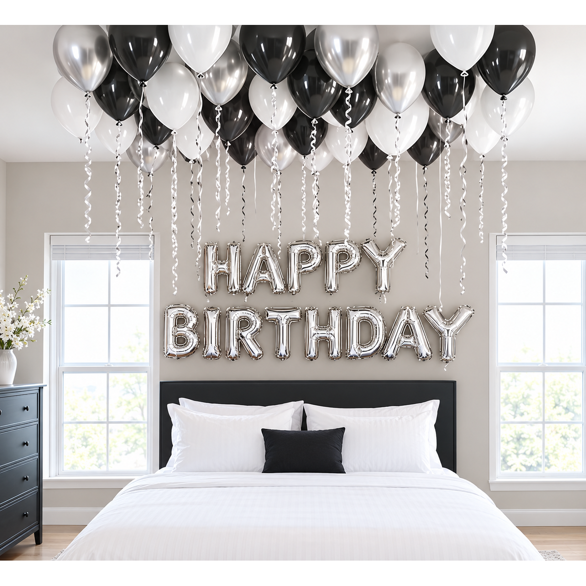 Silver happy birthday letter banner with black silver and white helium latex ceiling balloons
