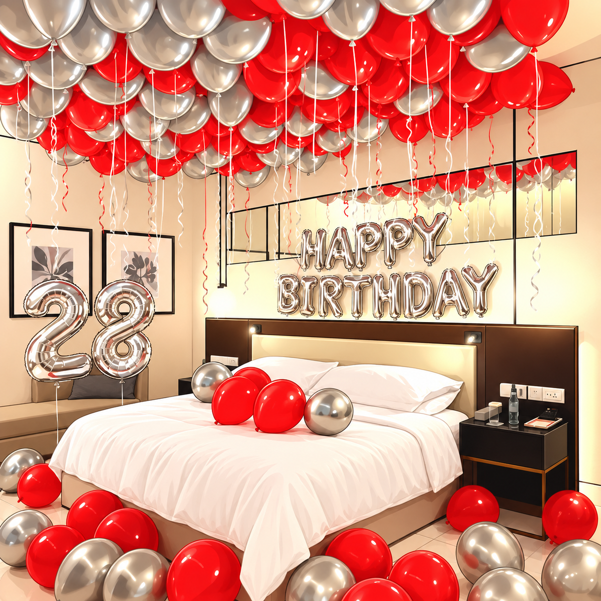 Silver happy birthday letter banner with silver number foil balloons on a holder and red silver helium latex balloons