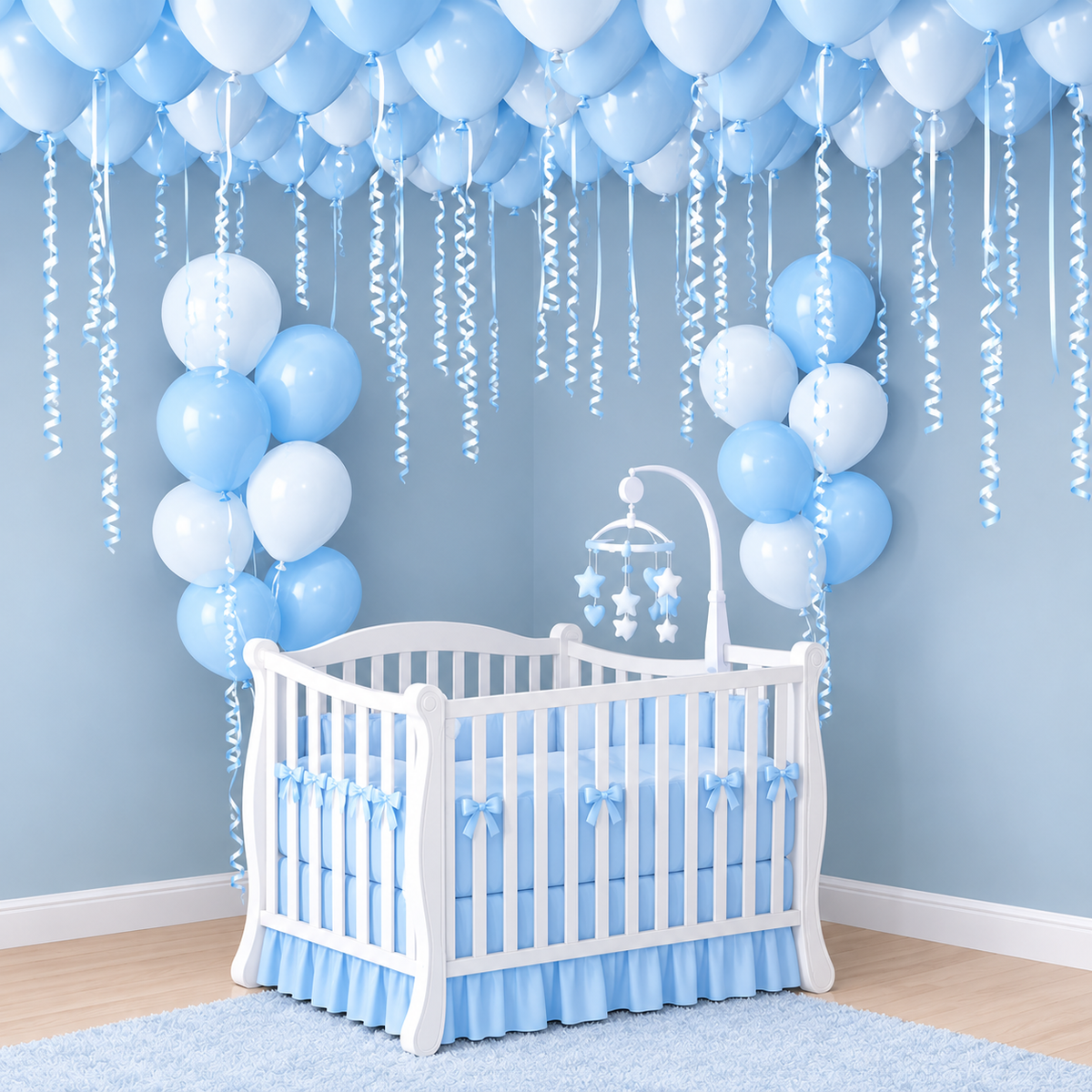 Blue and white balloon ceiling arch with matching balloon bouquets on holders