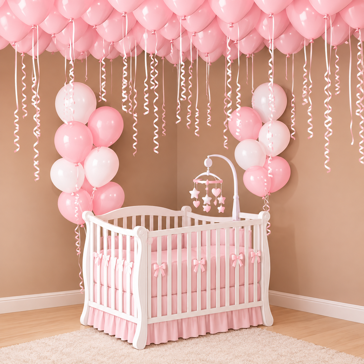 Pink and white balloon ceiling arch with matching balloon bouquets on holders