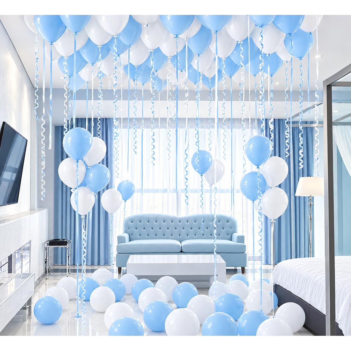 Blue and white balloon ceiling set with air-inflated floor balloons and clear balloon bouquet