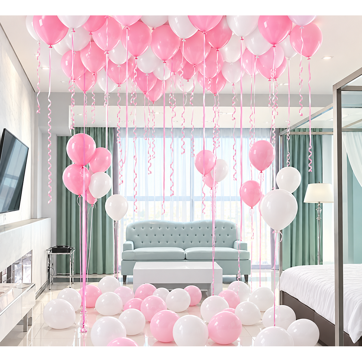 Pink and white balloon ceiling set with air-inflated floor balloons and latex balloon accents