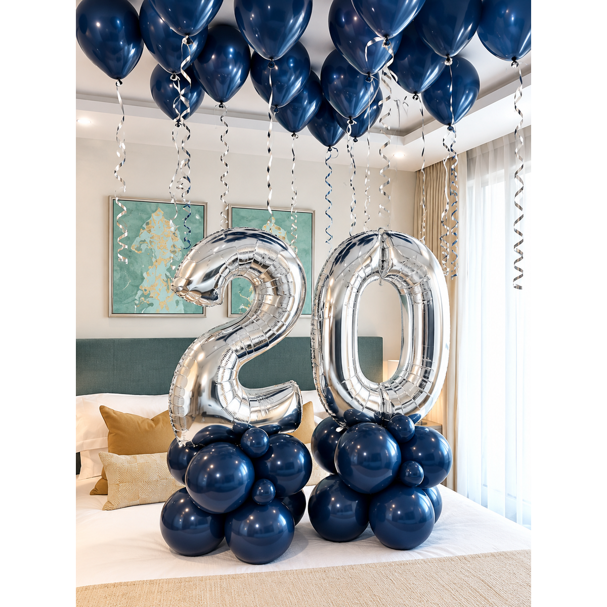 Silver number foil balloon arrangement on navy latex balloon base with navy ceiling balloons