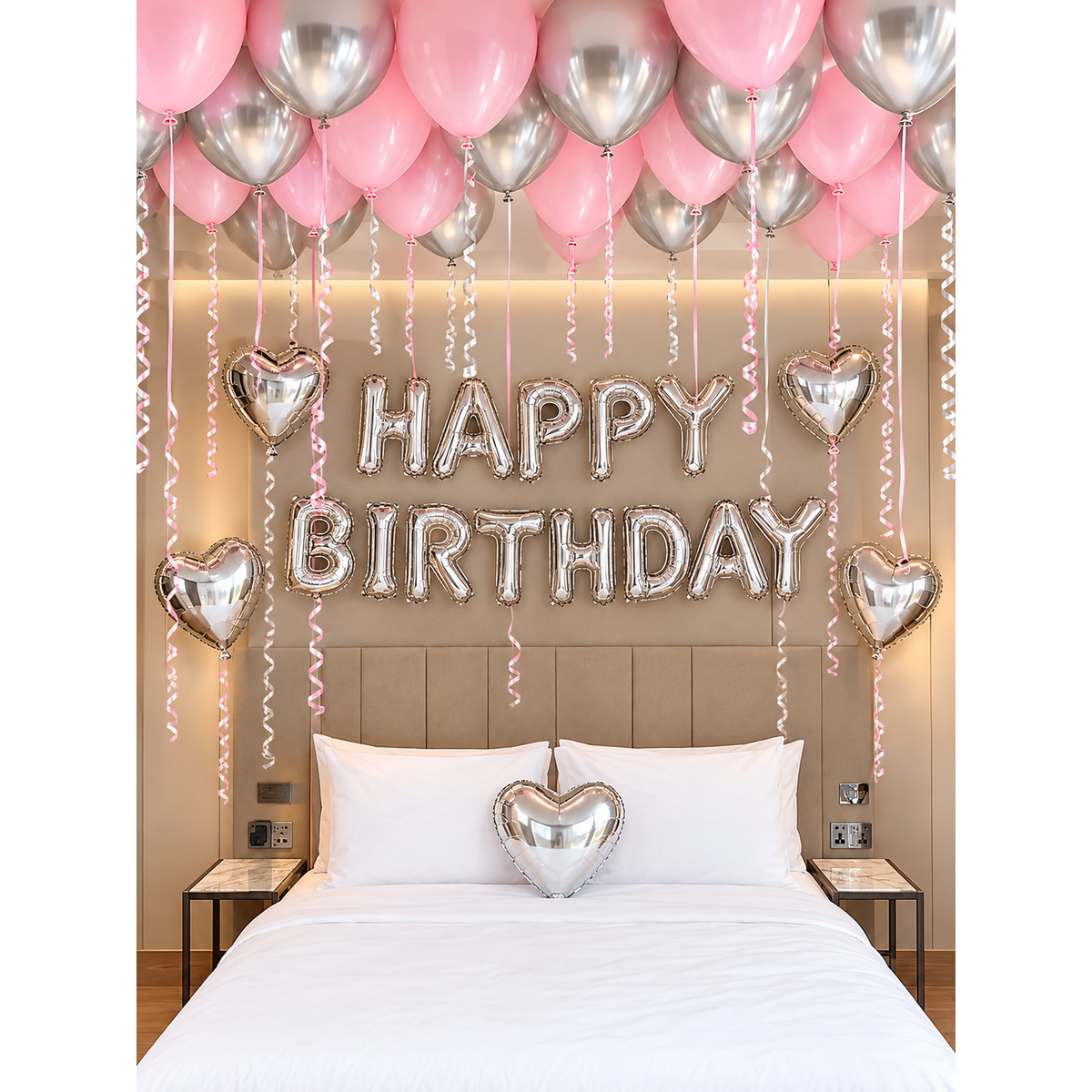Silver happy birthday letter banner with silver heart foil balloons and pink silver ceiling balloons