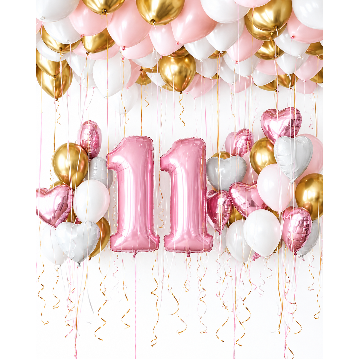 Pink gold and white balloon ceiling set with large number foils and heart balloon bouquets
