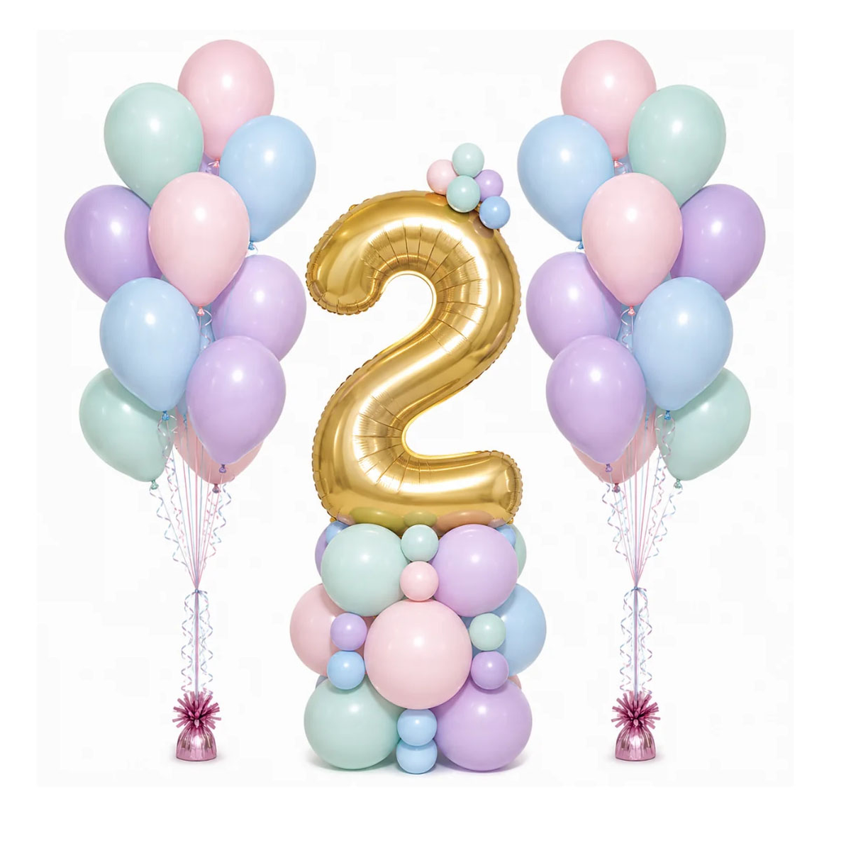 Two bunches of pastel pink mint blue and lilac latex balloons on pink weights beside a pastel balloon table top display with a gold number 2 foil balloon