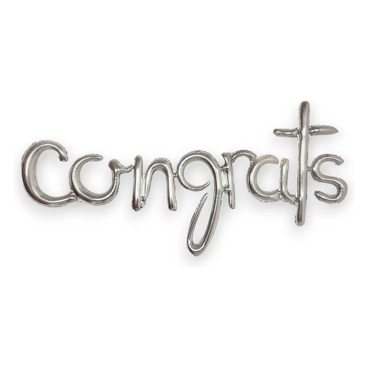 Silver alphabet foil balloon banner spelling Congrats with a cross topper