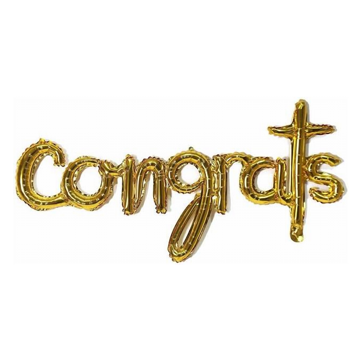 Gold alphabet foil balloon banner spelling Congrats with a cross topper