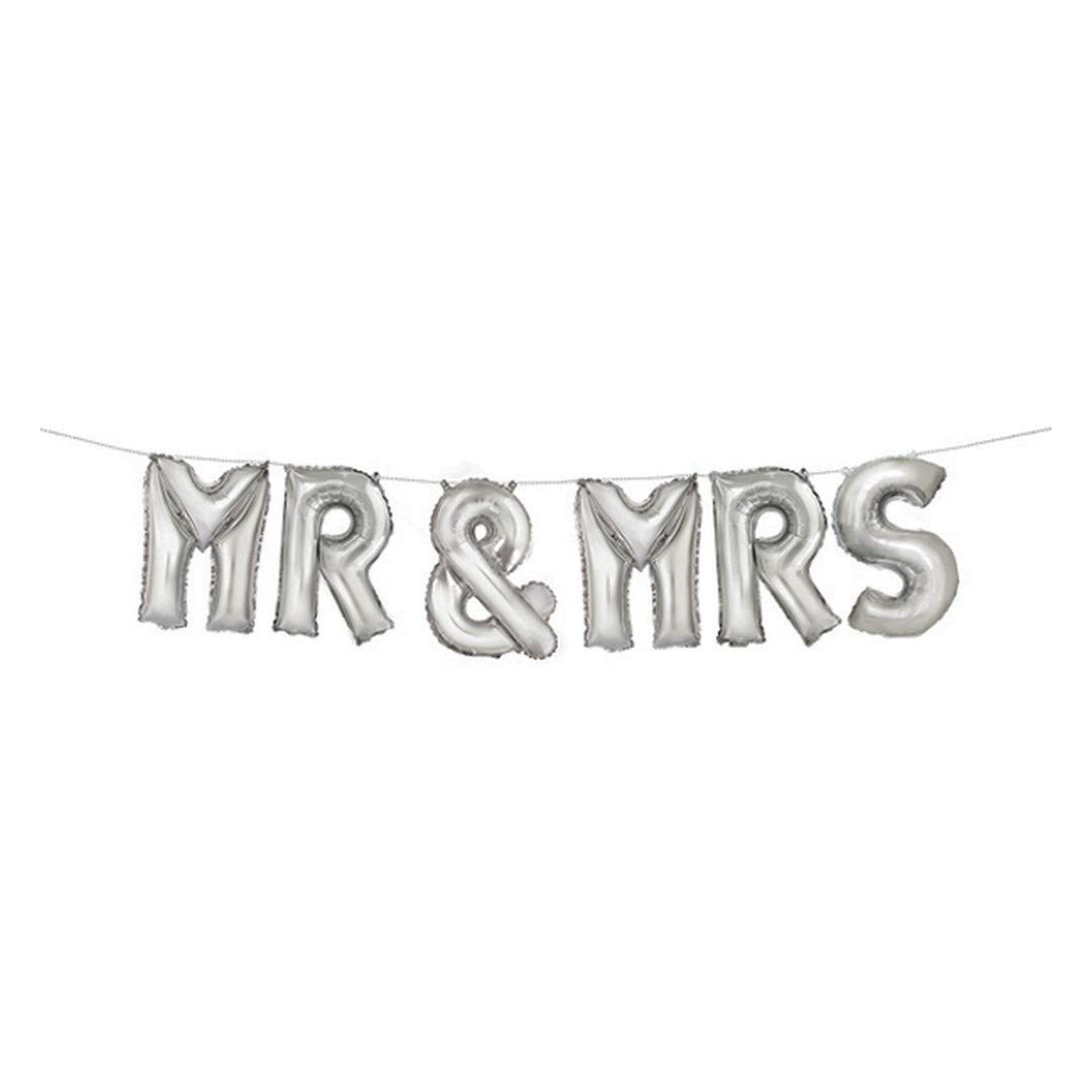 Silver alphabet foil balloon banner spelling Mr and Mrs with an ampersand