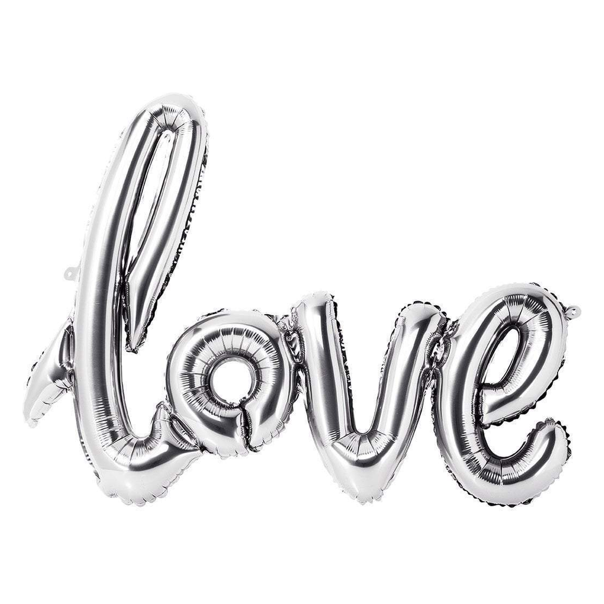 Silver script foil balloon banner spelling Love