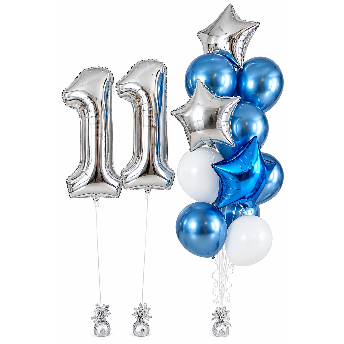 Silver number foil balloons with blue silver and white star foil and latex balloon bouquet