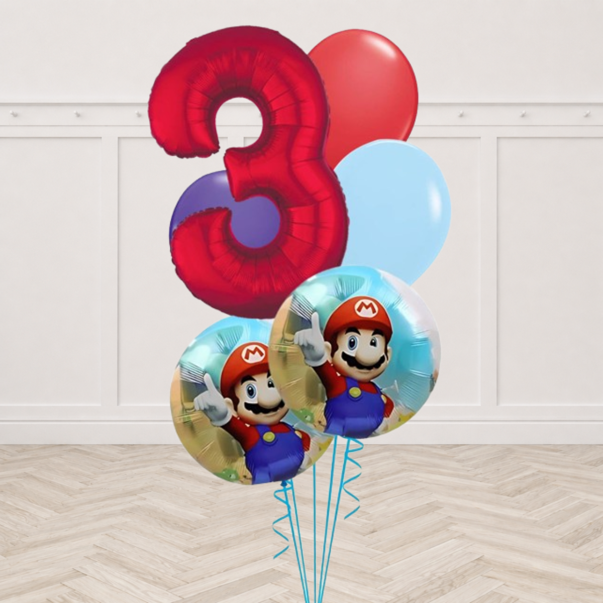 Red giant number balloon with Super Mario foil balloons and red, blue and purple latex