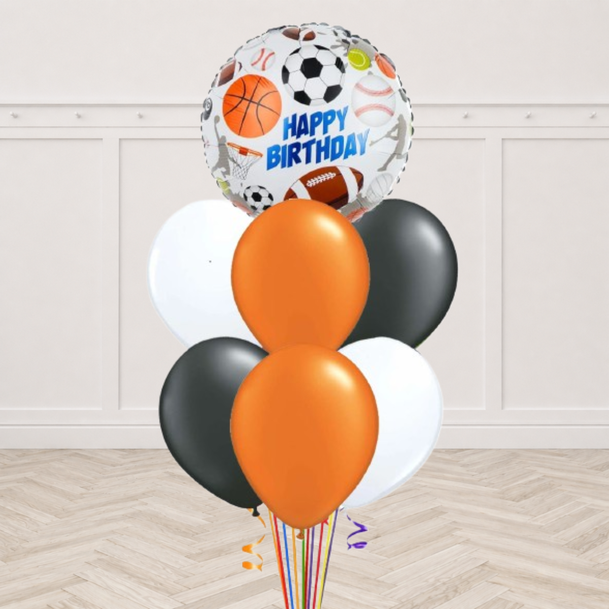 All star sports Happy Birthday foil balloon with white, orange and black latex balloons
