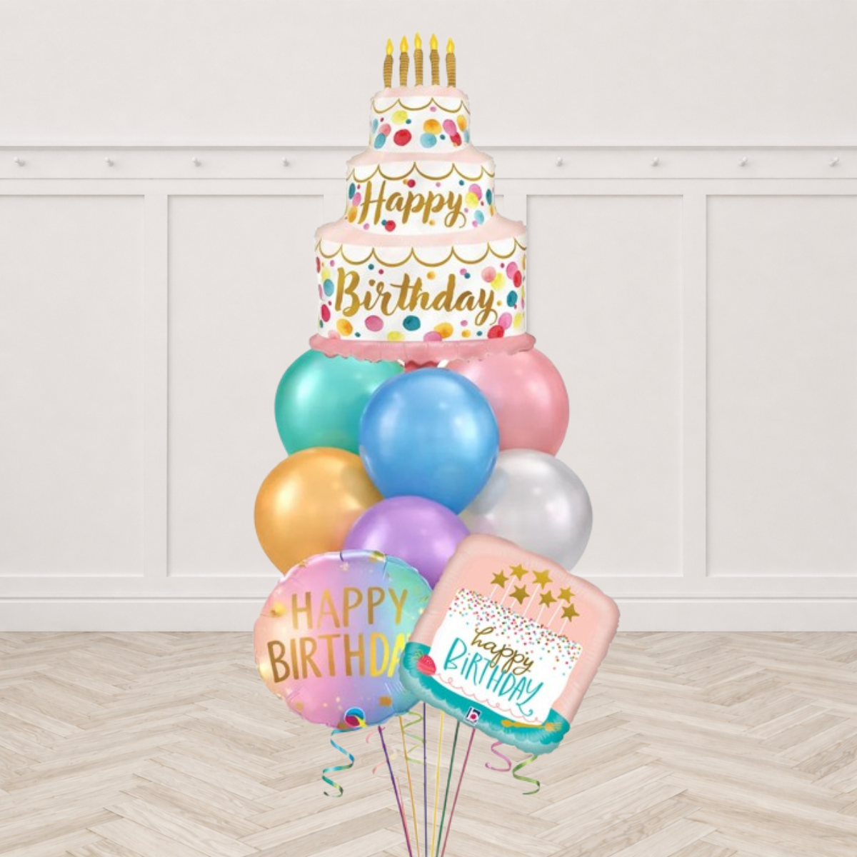 Three tier birthday cake foil balloon with chrome latex and Happy Birthday foils