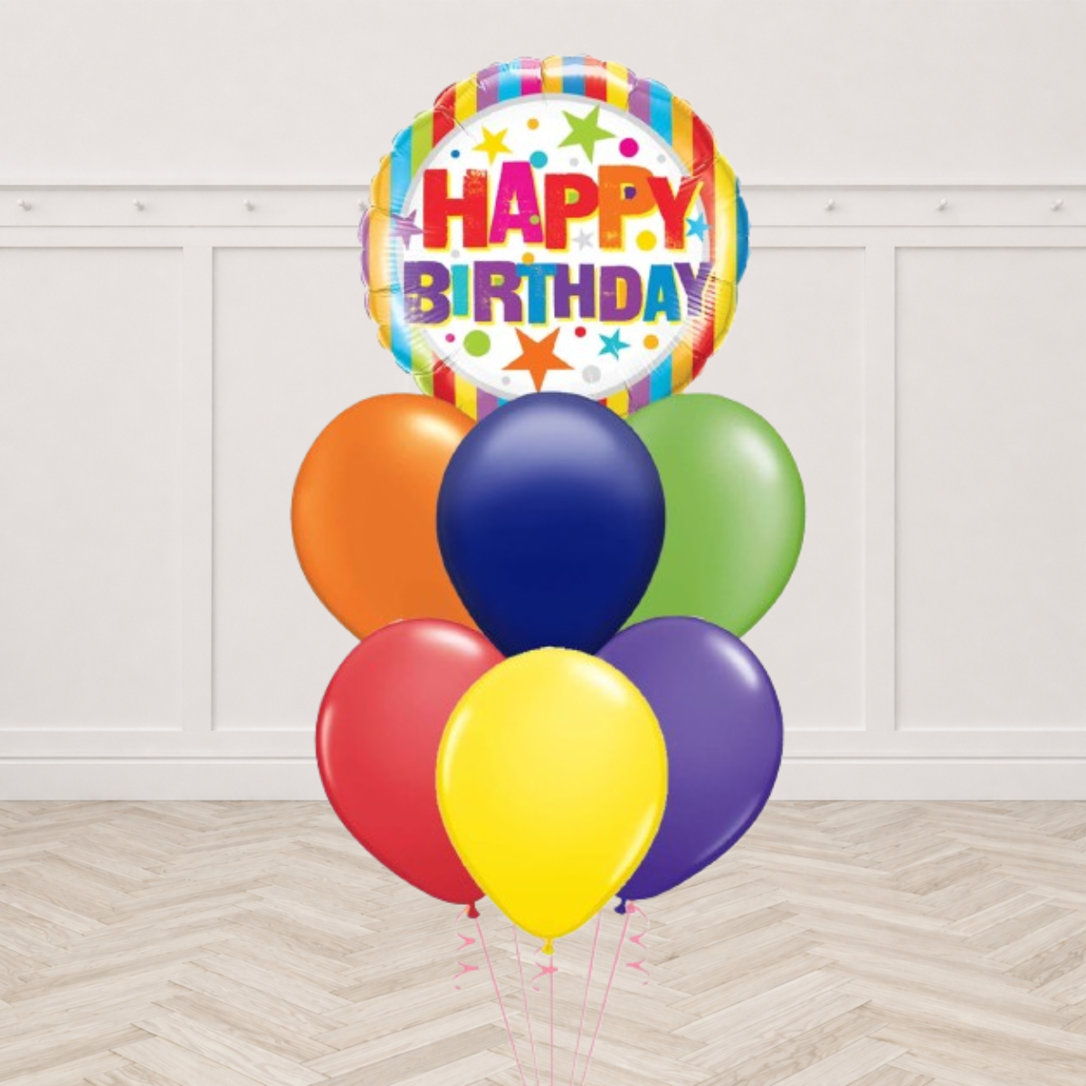 Striped Happy Birthday foil balloon with orange, navy, green, red, yellow and purple latex
