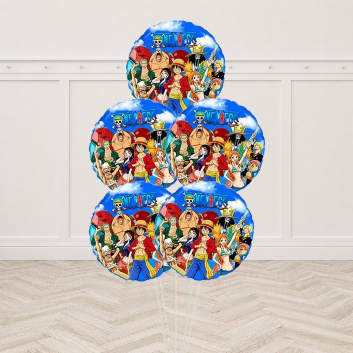 Five One Piece foil balloons showing Luffy and the Straw Hat crew