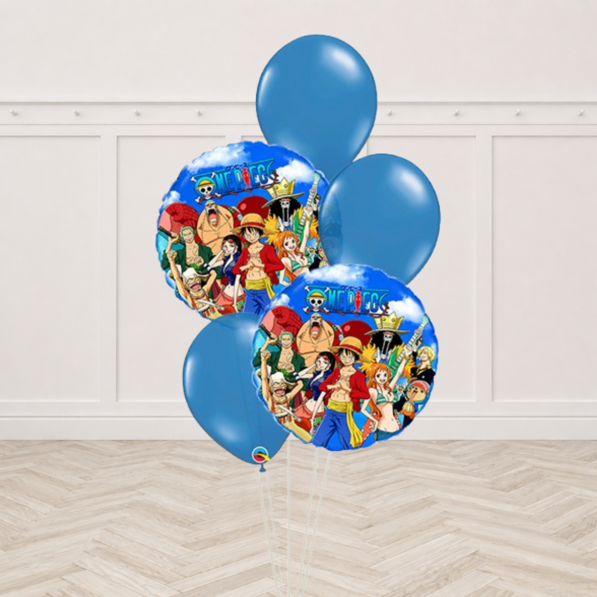 Two One Piece foil balloons with three blue latex balloons