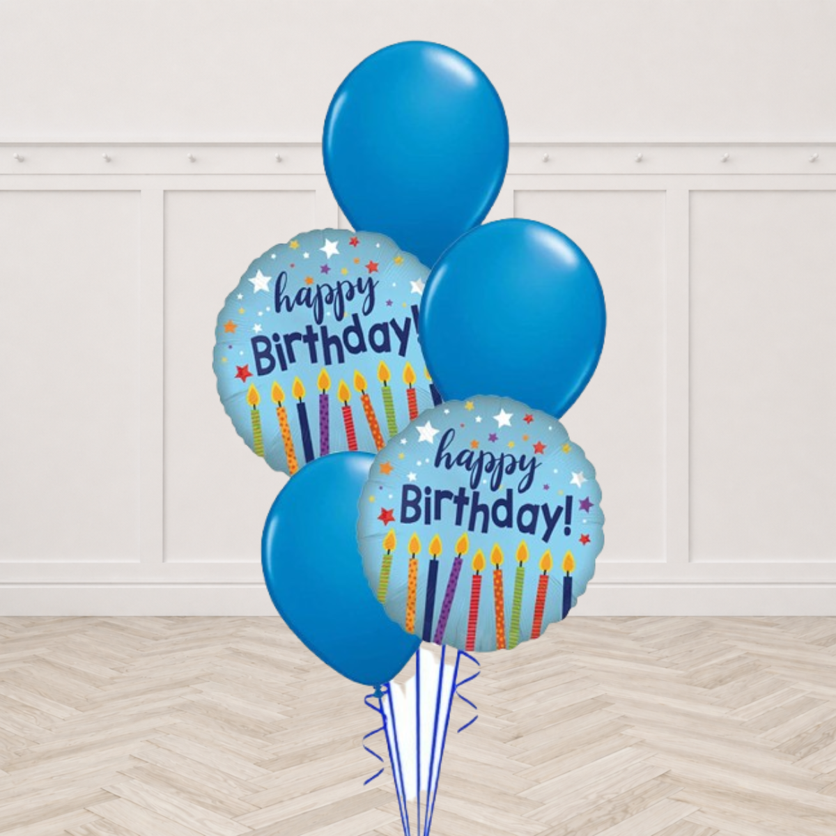Two blue Happy Birthday candle foil balloons with three blue latex balloons