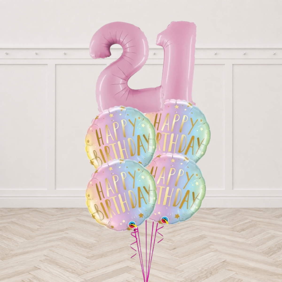 Two giant pink number balloons with pastel ombre Happy Birthday foil balloons