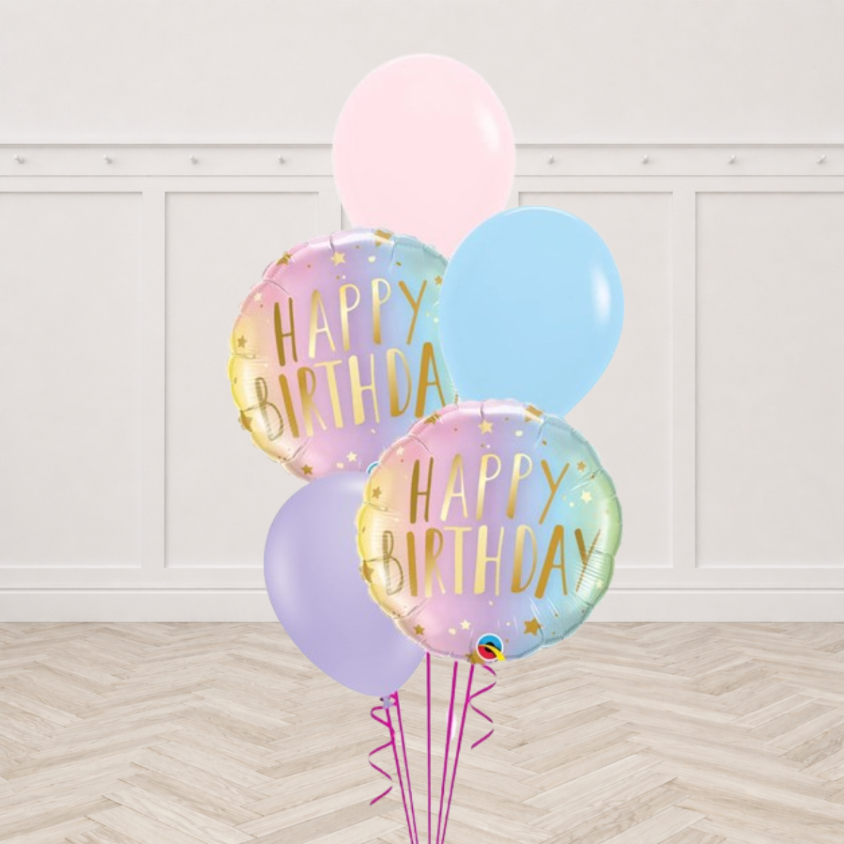 Two pastel ombre Happy Birthday foil balloons with pink, blue and lilac latex