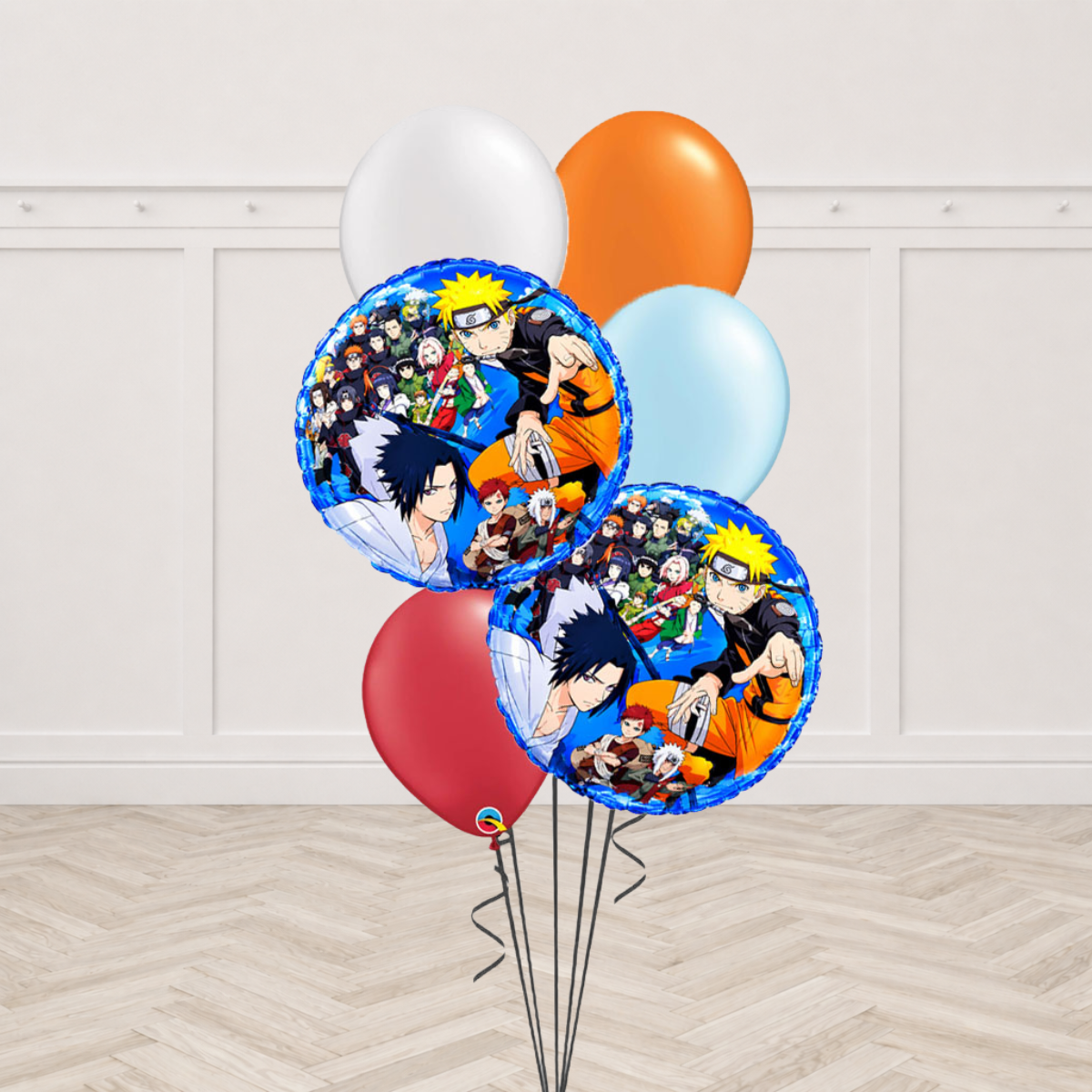 Naruto foil balloons with white, orange, light blue and red latex balloons