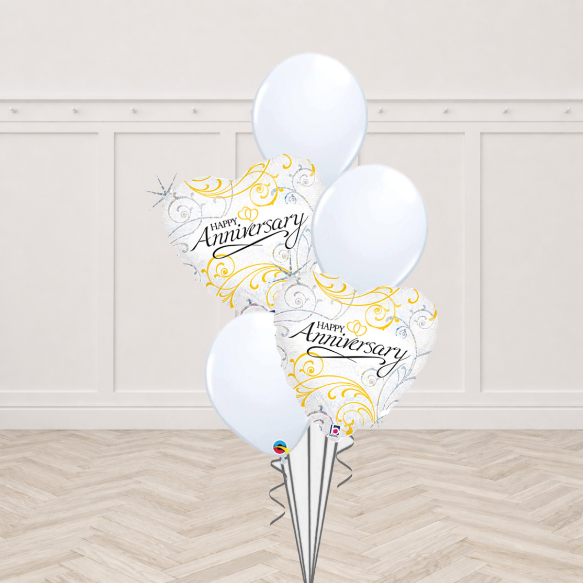 Two Happy Anniversary heart foil balloons with white latex balloons