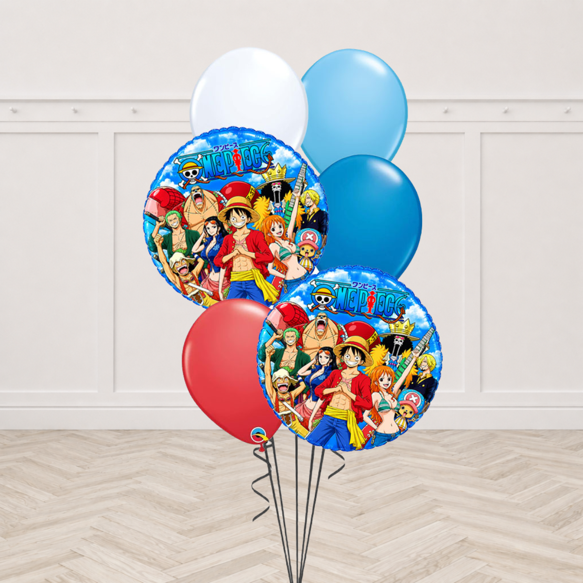 One Piece foil balloons with white, light blue, teal and red latex balloons