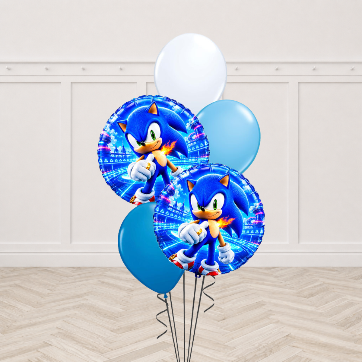 Sonic foil balloons with white, light blue and teal latex balloons
