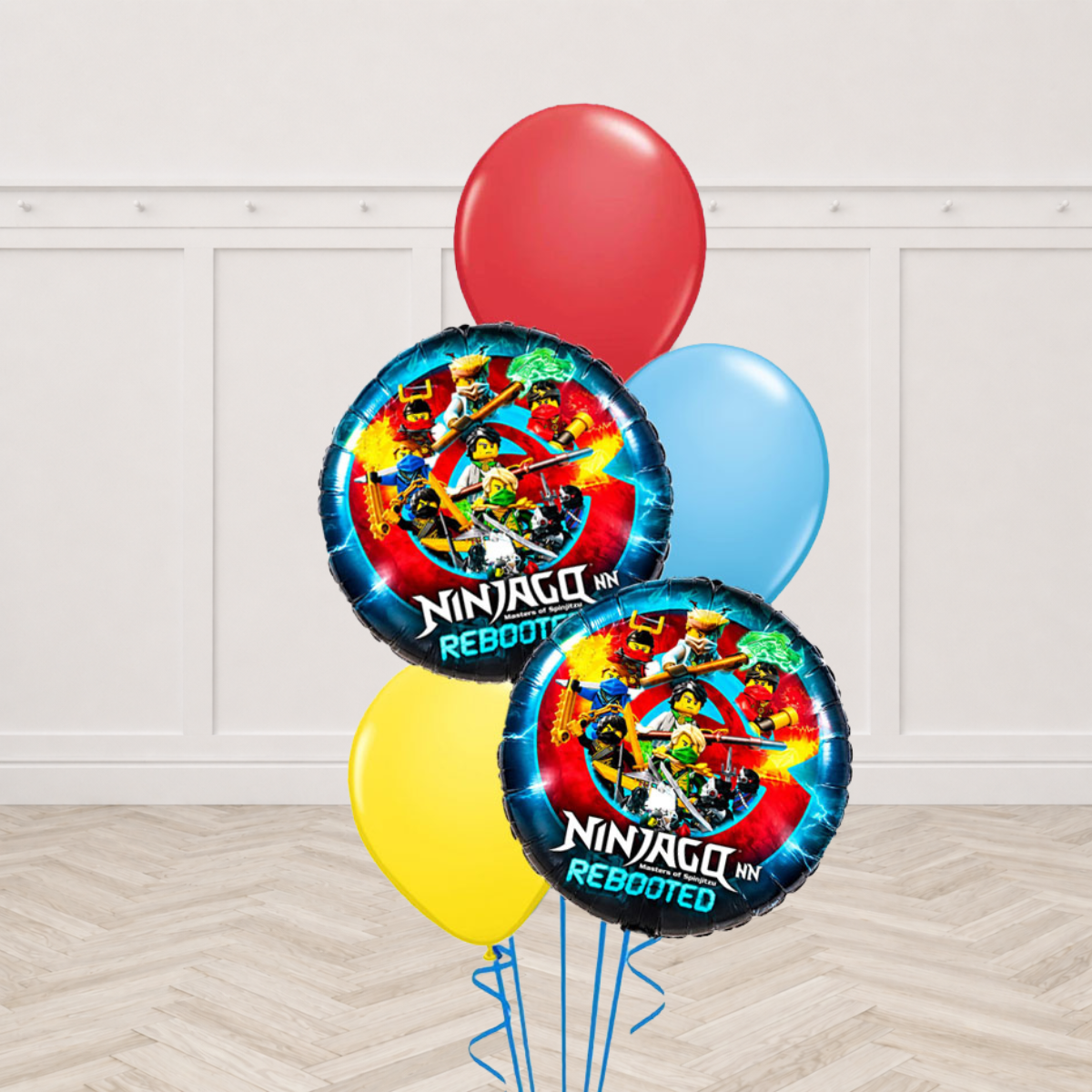Ninjago foil balloons with red, light blue and yellow latex balloons