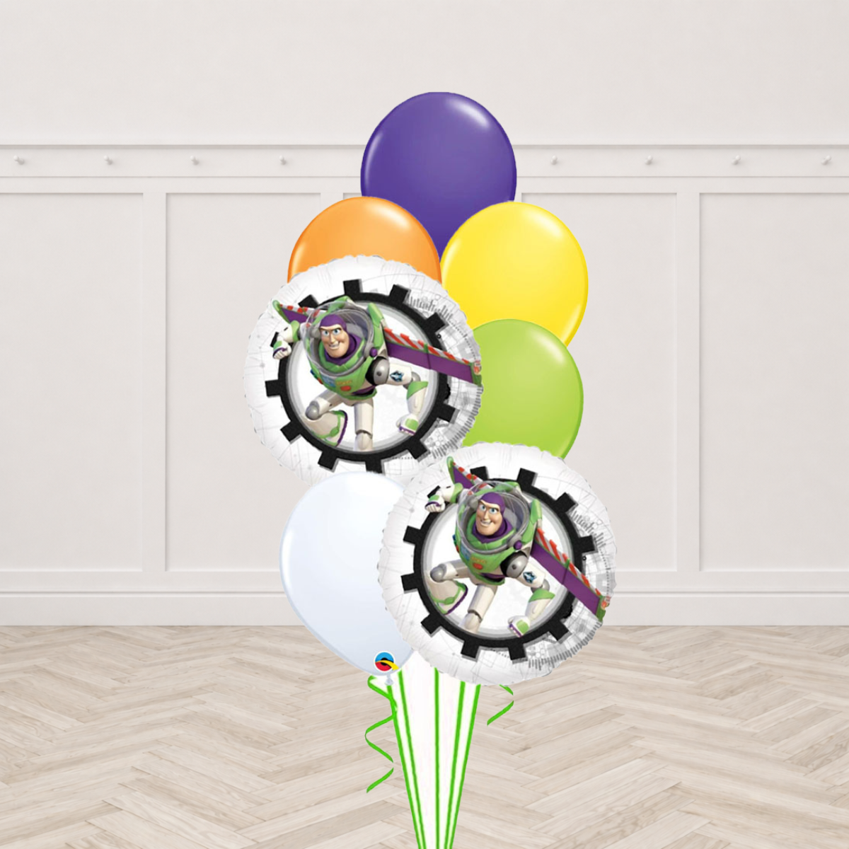 Buzz Lightyear foil balloons with purple, orange, yellow, green and white latex balloons