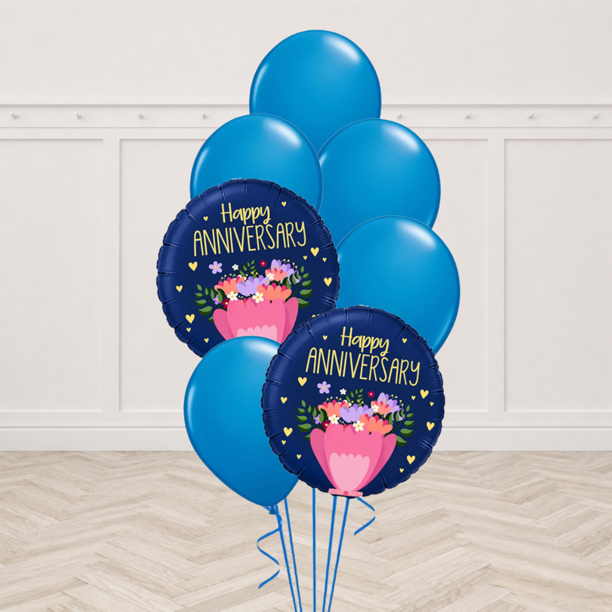 Two Happy Anniversary foil balloons with blue latex balloons