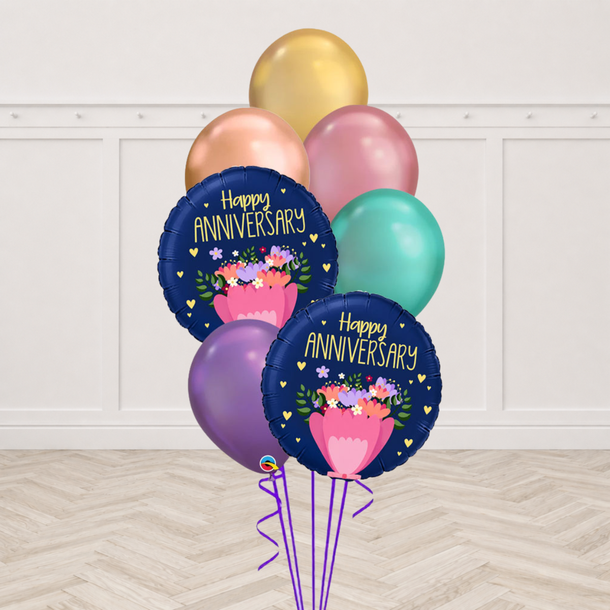 Two Happy Anniversary foil balloons with chrome gold, rose gold, pink, teal and purple latex balloons