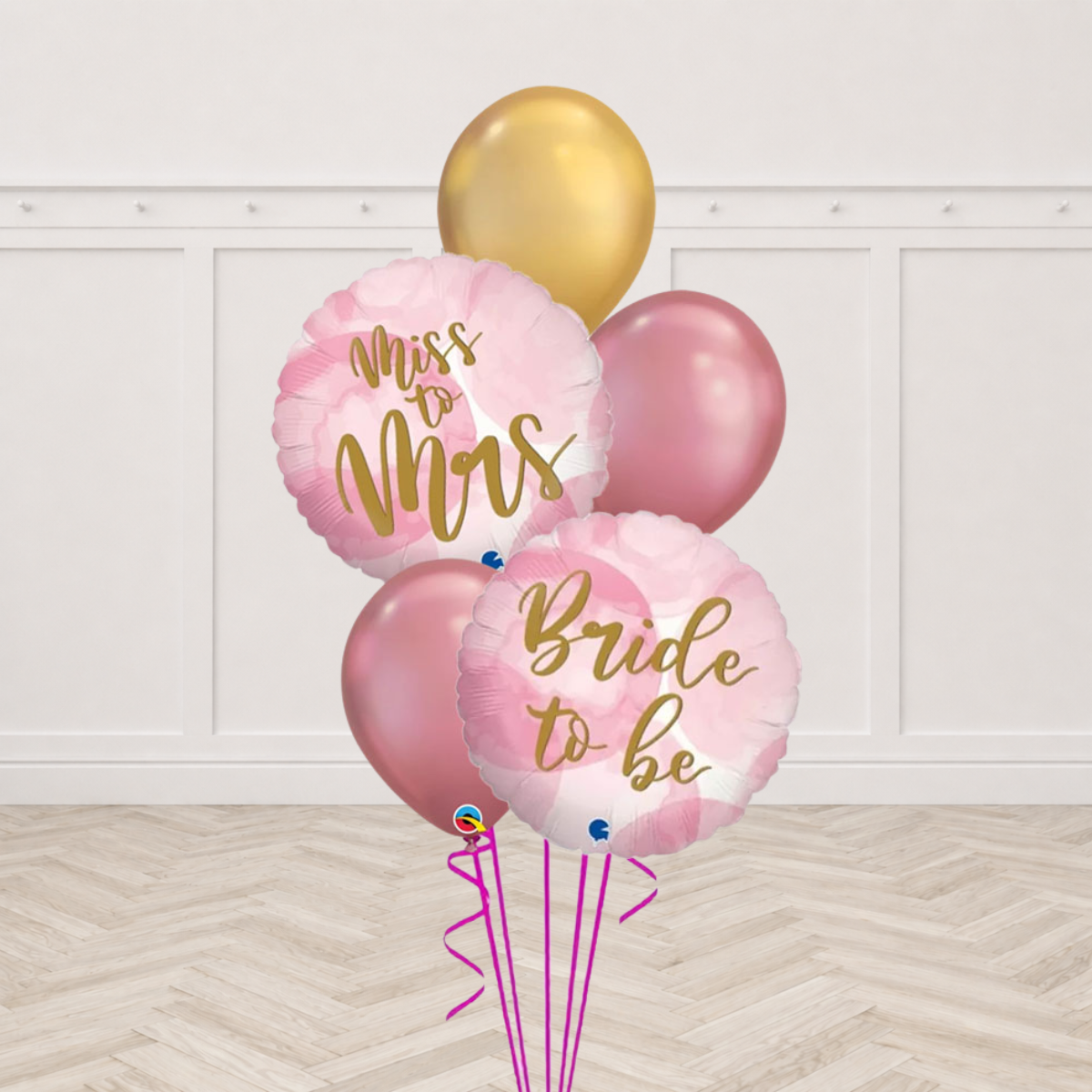 Miss to Mrs and Bride to Be foil balloons with gold and rose gold latex balloons
